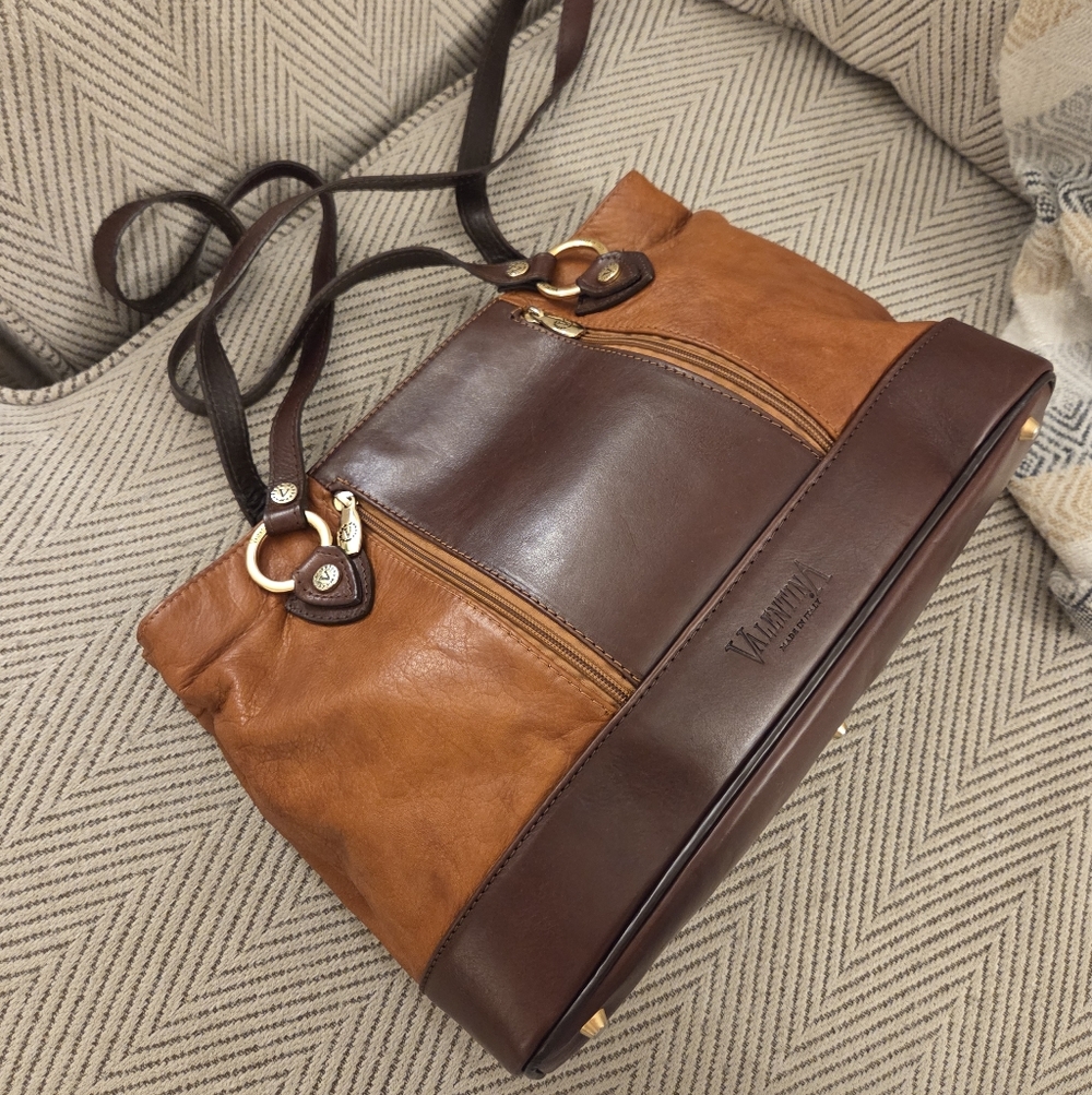 VINTAGE VALENTINA MADE IN ITALY Tan & Brown all in LEATHER Tote
